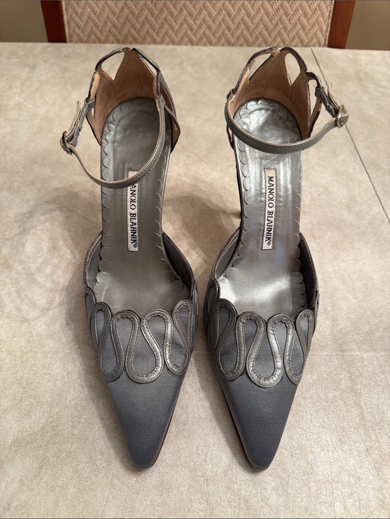 Manolo Blahnik Shoes - Manolo Blahnik Silver-Gray Satin Pointed Toe Ankle-Strap Heels